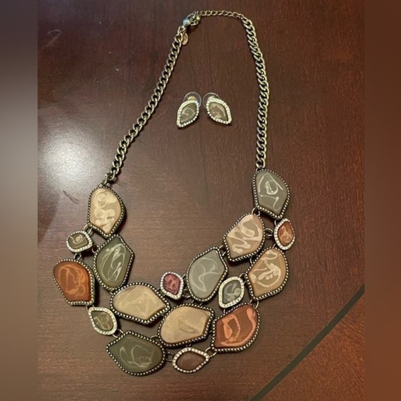 Necklace Earrings Crystal Tri-Color Olive Ginger Latte Bib Gold Necklace # 264 - Picture 6 of 8